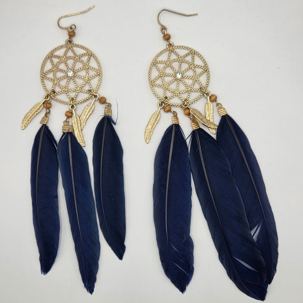 Gold Tone Dreamcatcher Navy Blue Feather Dangle Earrings 6" Boho Festival